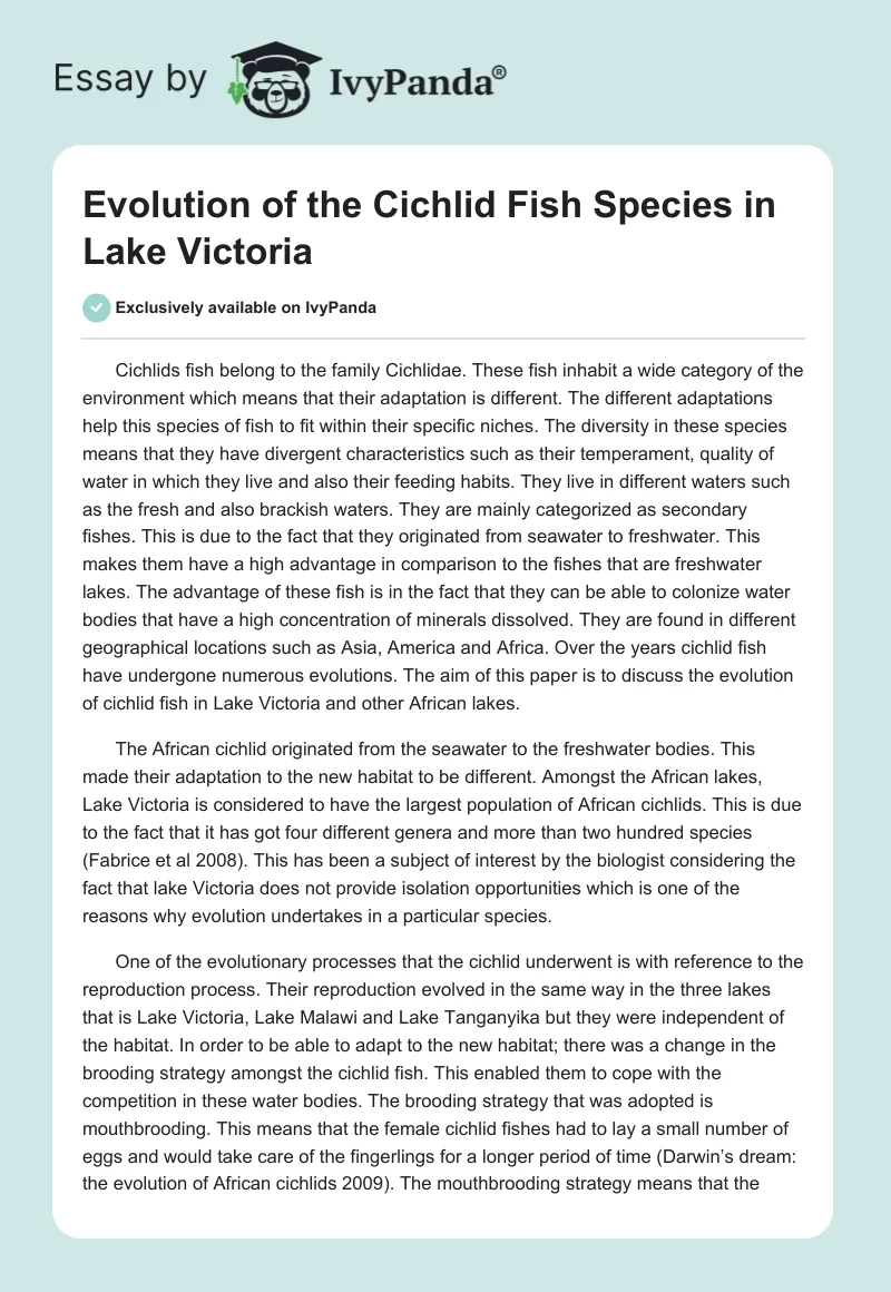 Evolution of the Cichlid Fish Species in Lake Victoria. Page 1