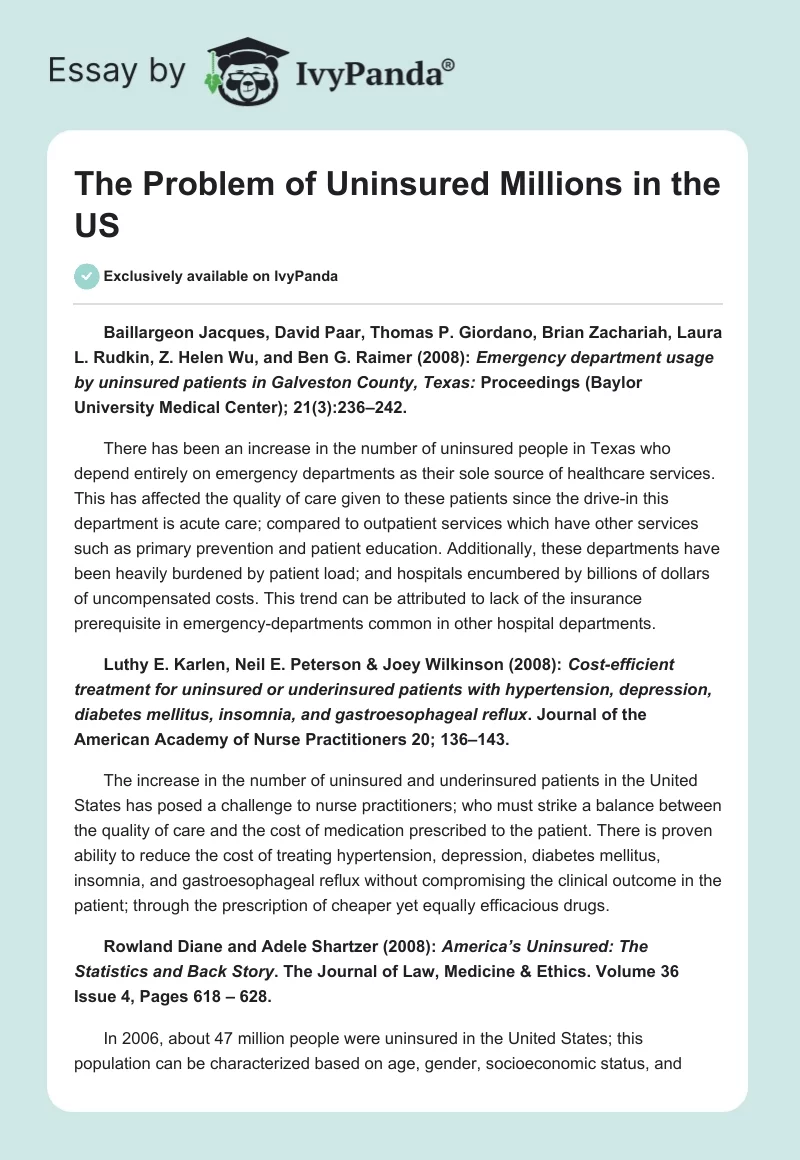 The Problem of Uninsured Millions in the US. Page 1