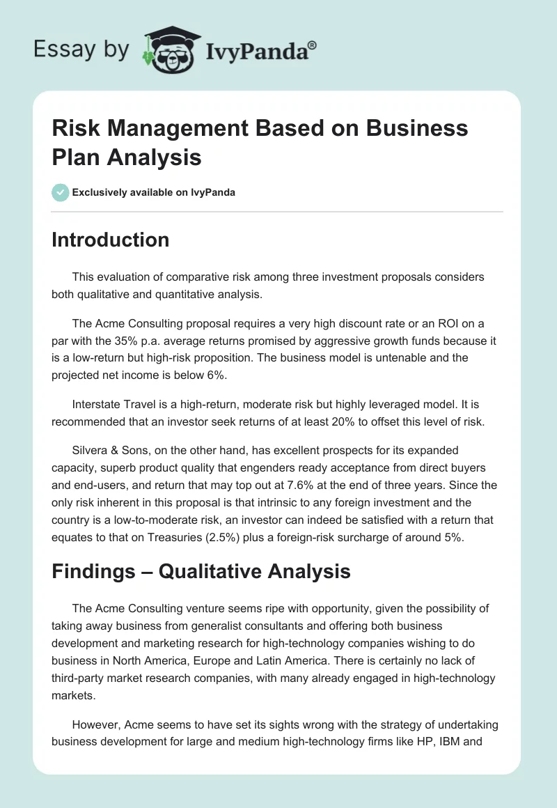 Risk Management Based on Business Plan Analysis. Page 1