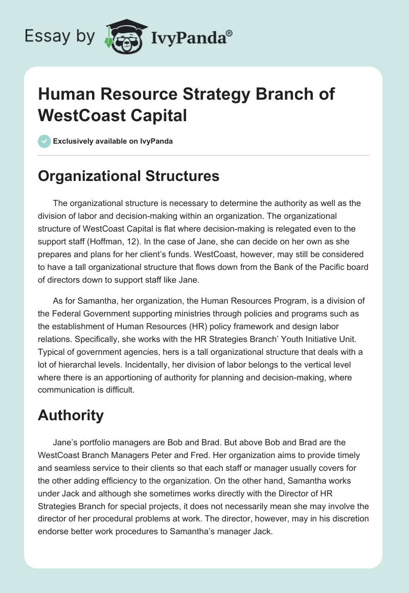Human Resource Strategy Branch of WestCoast Capital. Page 1