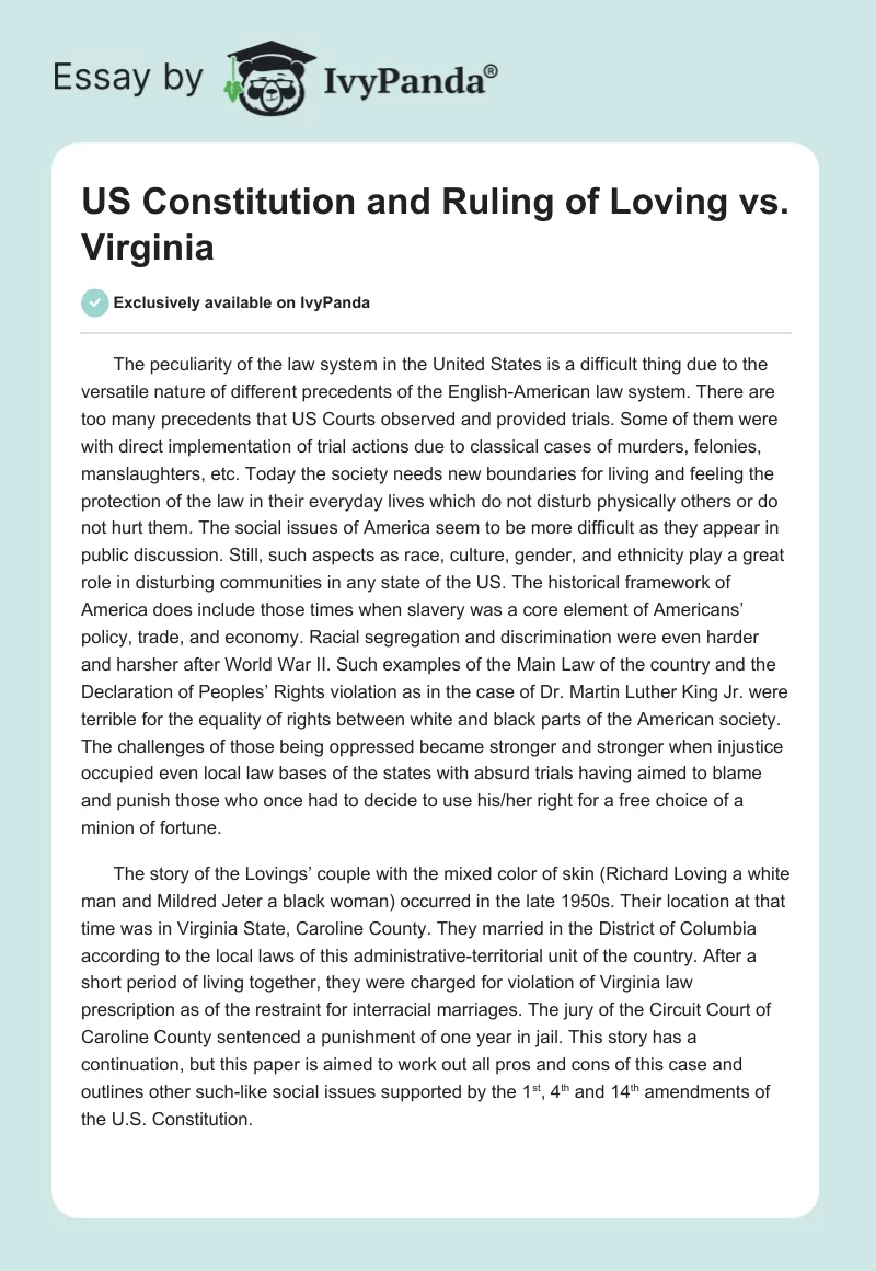 US Constitution and Ruling of Loving vs. Virginia. Page 1