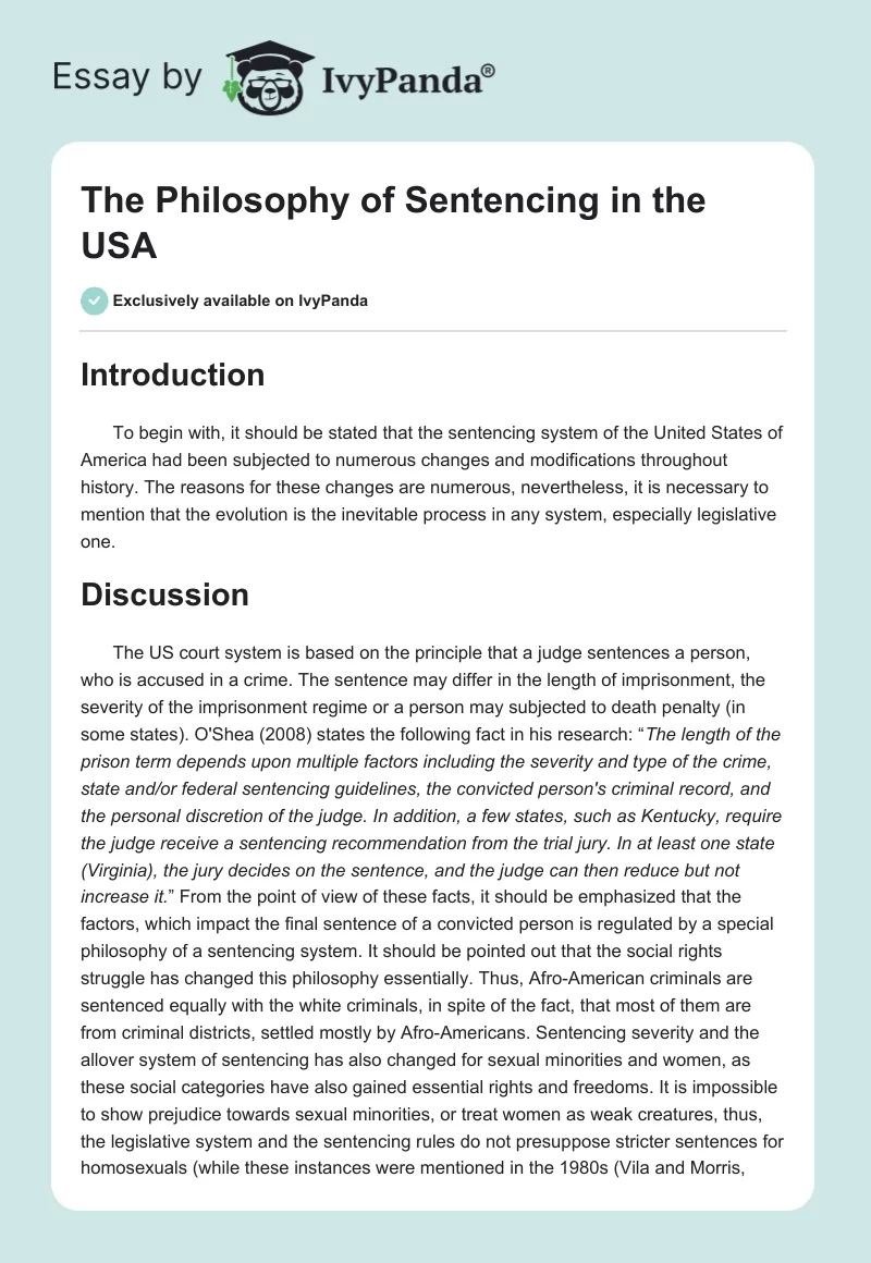 The Philosophy of Sentencing in the USA. Page 1