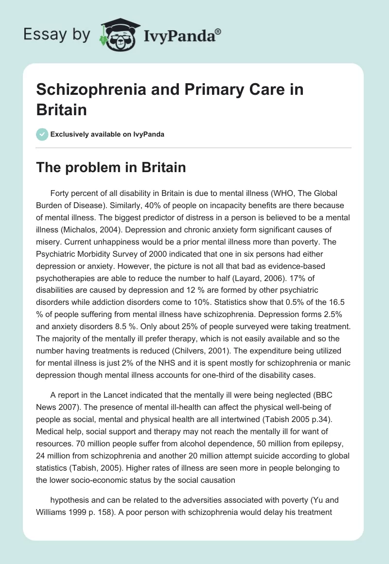 Schizophrenia and Primary Care in Britain. Page 1