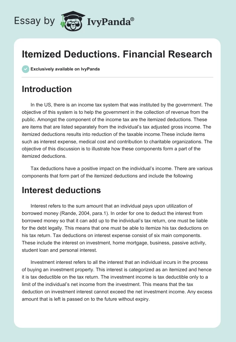 Itemized Deductions. Financial Research. Page 1