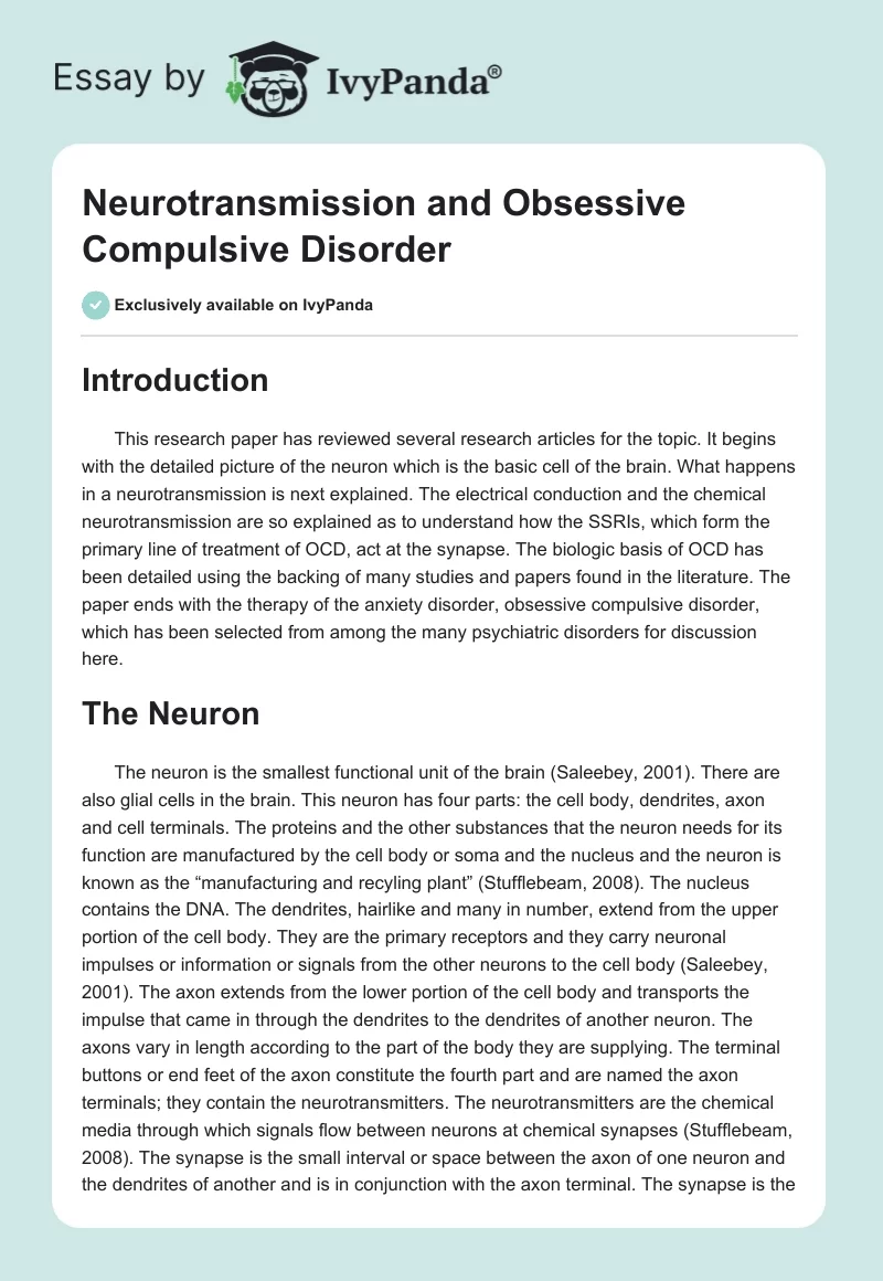 Neurotransmission and Obsessive Compulsive Disorder. Page 1