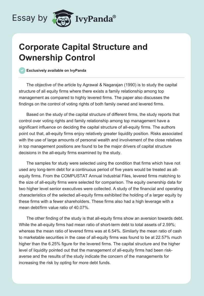 Corporate Capital Structure and Ownership Control. Page 1