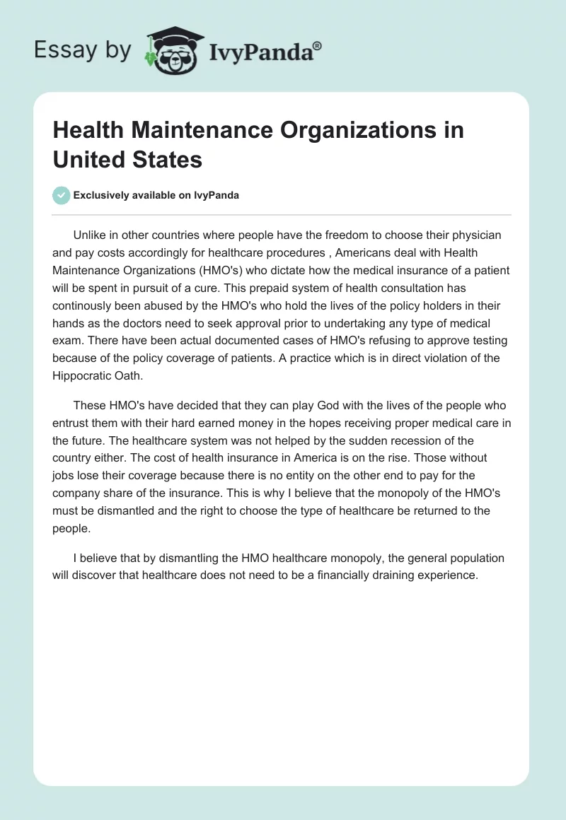 Health Maintenance Organizations in United States. Page 1