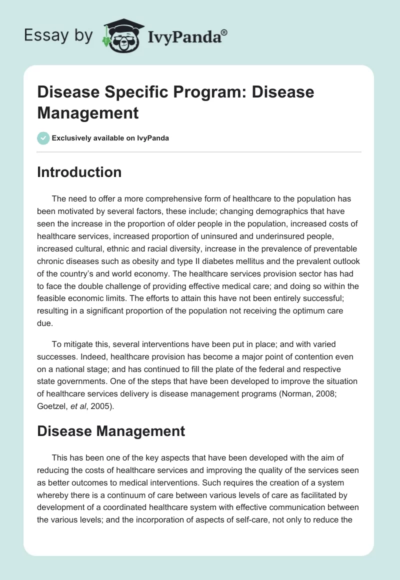 Disease Specific Program: Disease Management. Page 1
