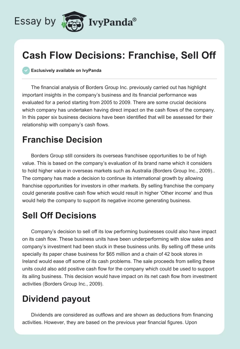 Cash Flow Decisions: Franchise, Sell Off. Page 1