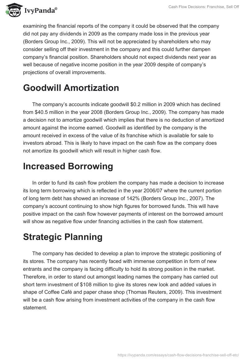 Cash Flow Decisions: Franchise, Sell Off. Page 2