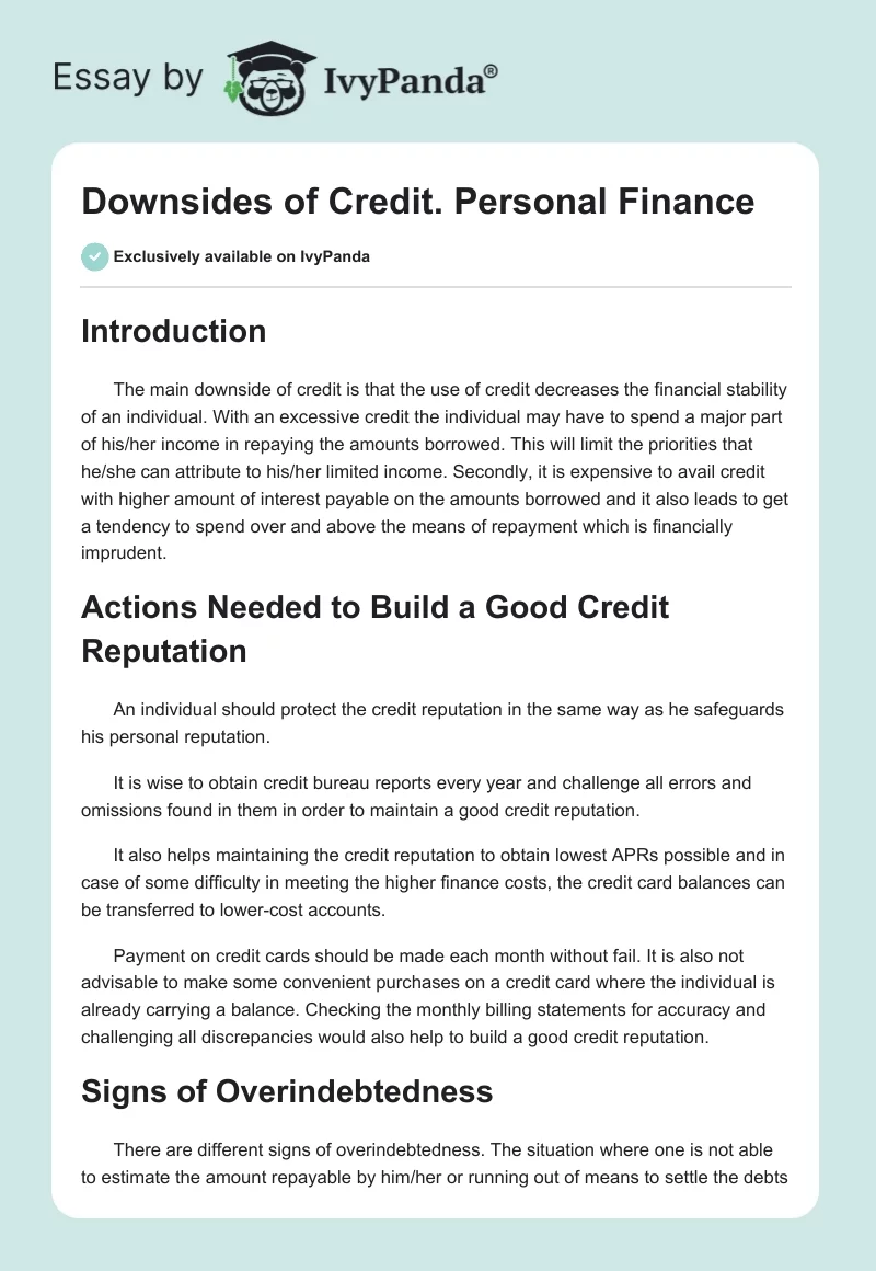 Downsides of Credit. Personal Finance. Page 1