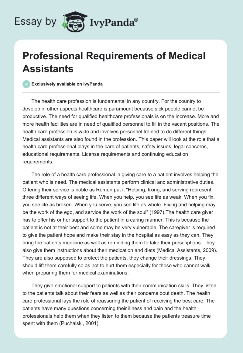 Professional Requirements of Medical Assistants. Page 1