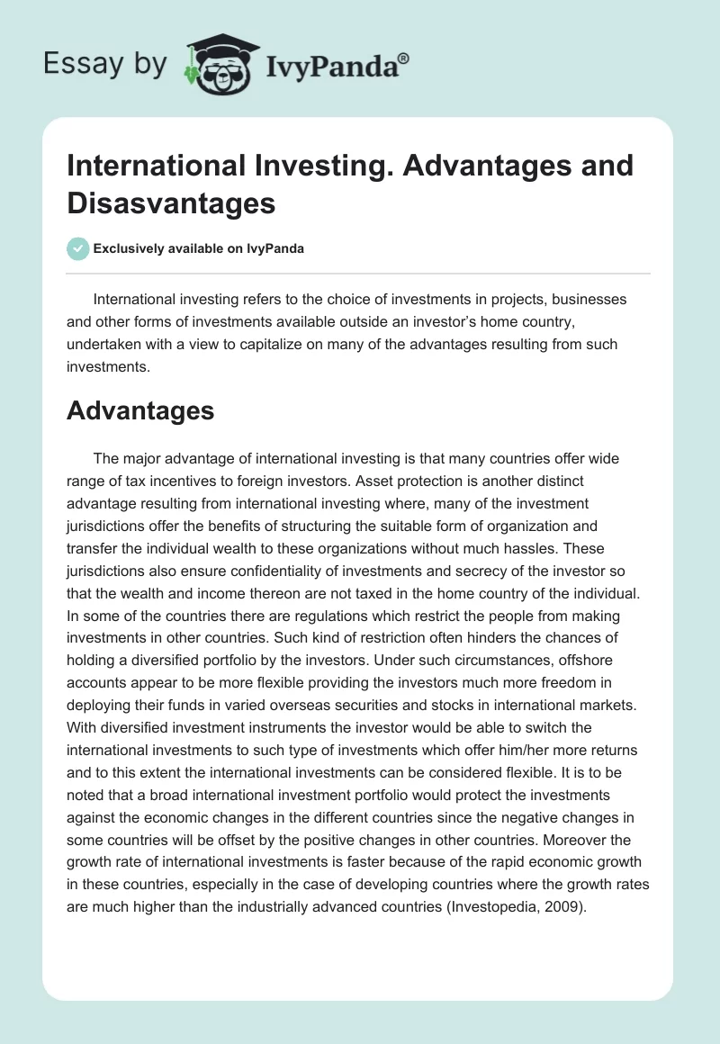 International Investing. Advantages and Disasvantages. Page 1
