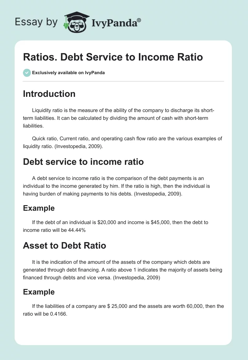 Ratios. Debt Service to Income Ratio. Page 1