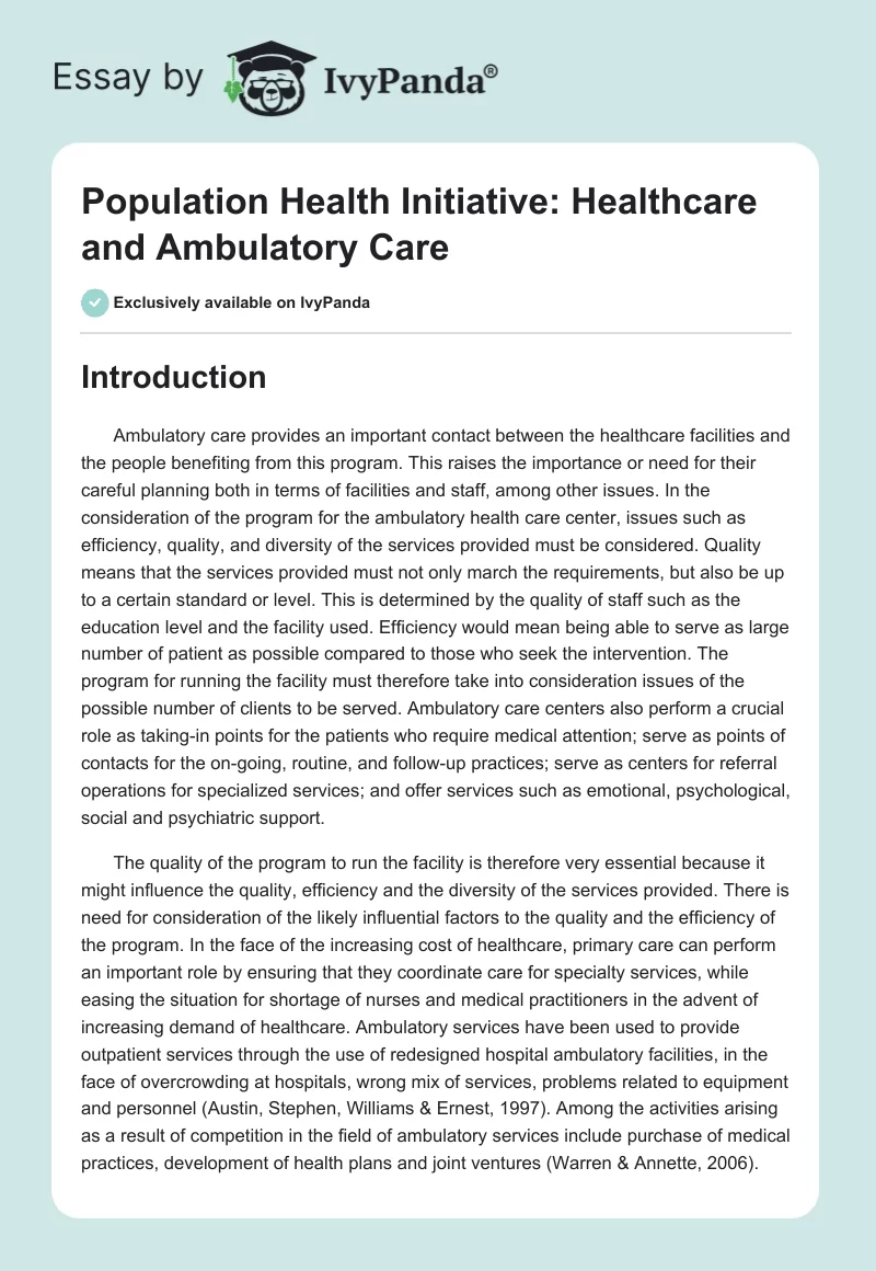 Population Health Initiative: Healthcare and Ambulatory Care. Page 1