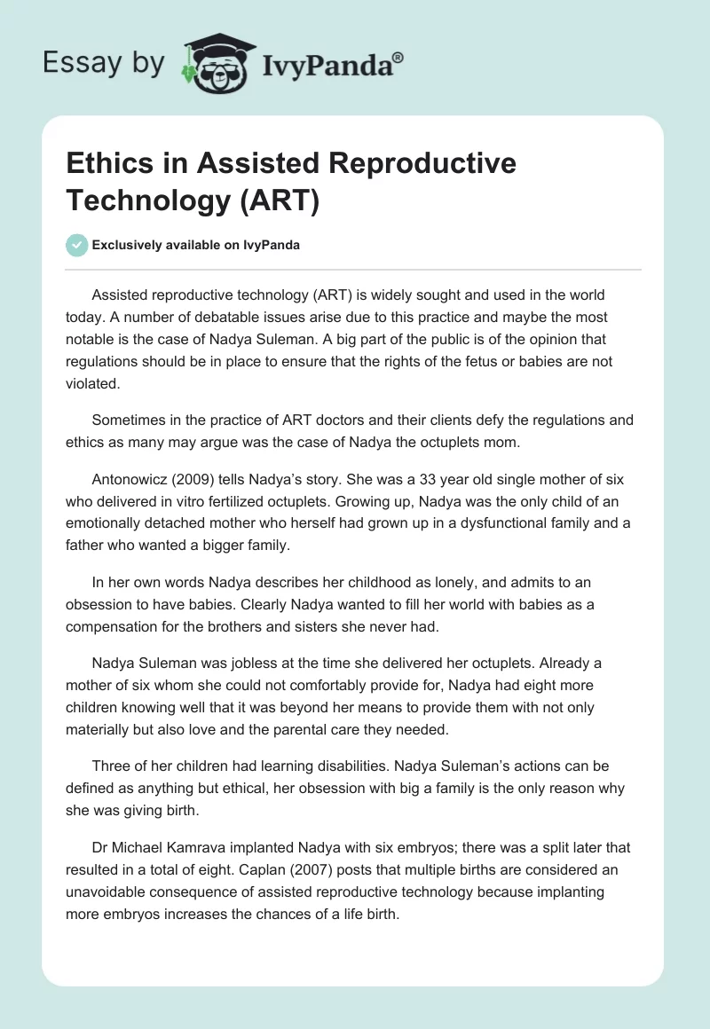 Ethics in Assisted Reproductive Technology (ART). Page 1