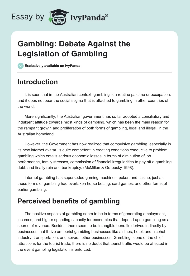 Gambling: Debate Against the Legislation of Gambling. Page 1