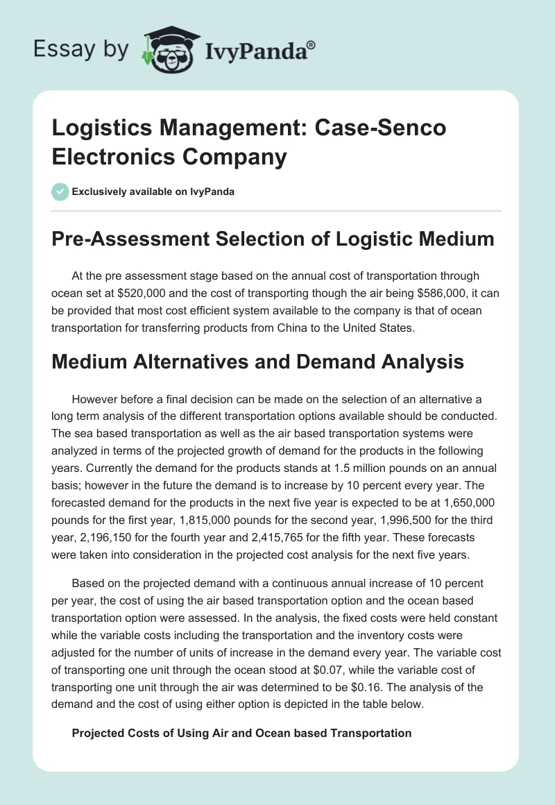 Logistics Management: Case-Senco Electronics Company. Page 1