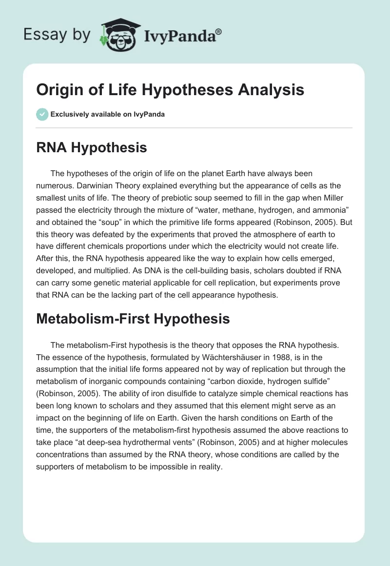 Origin of Life Hypotheses Analysis. Page 1