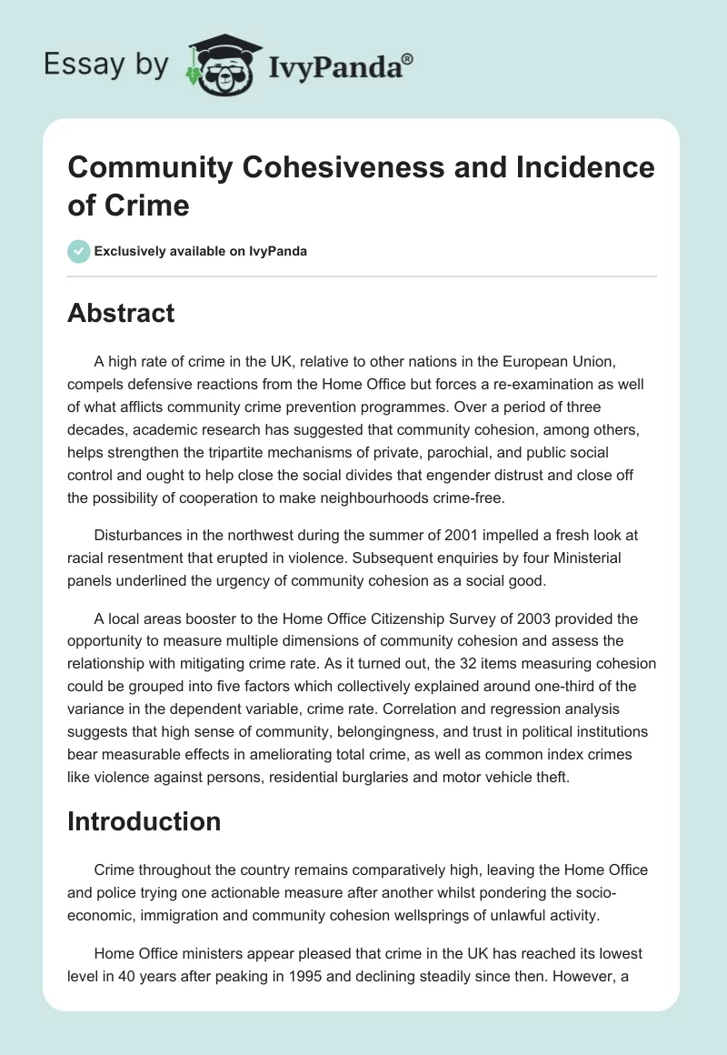 Community Cohesiveness and Incidence of Crime. Page 1