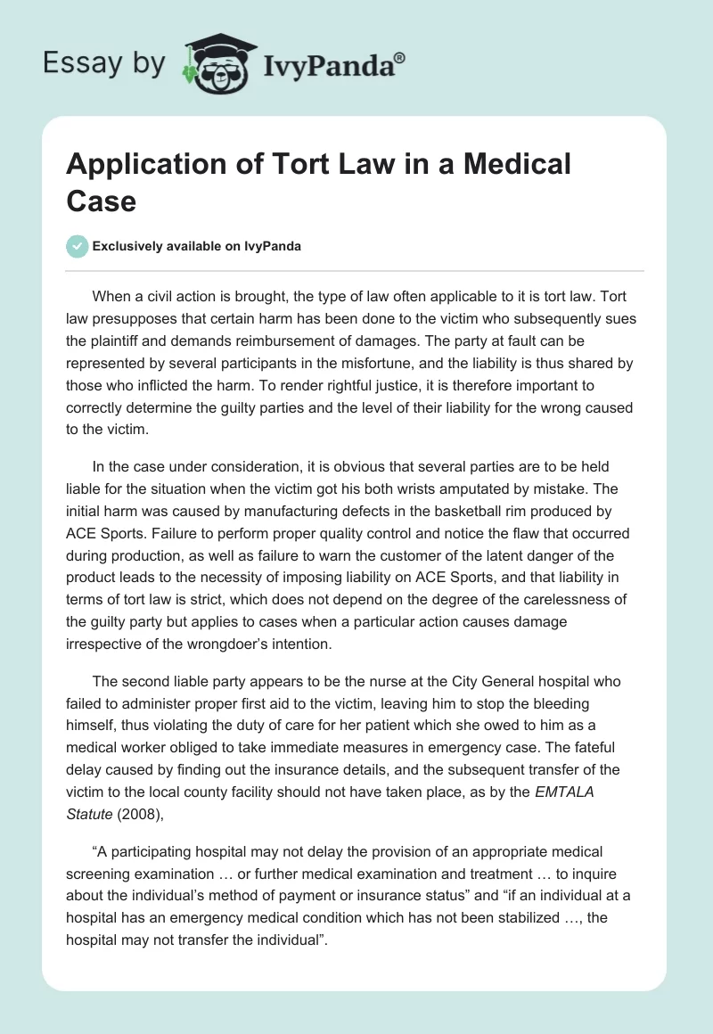 Application of Tort Law in a Medical Case. Page 1