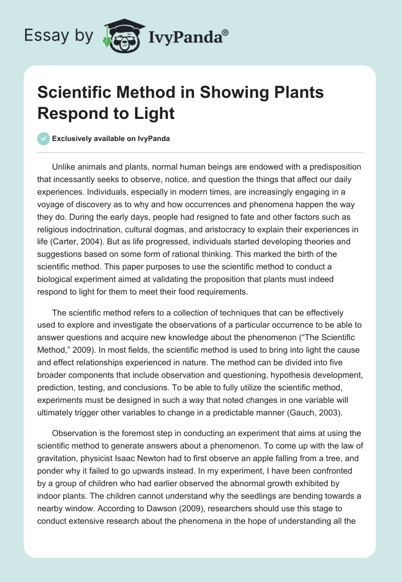 Scientific Method in Showing Plants Respond to Light. Page 1
