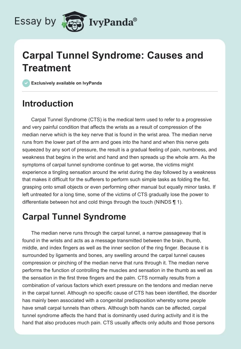 Carpal Tunnel Syndrome: Causes and Treatment. Page 1