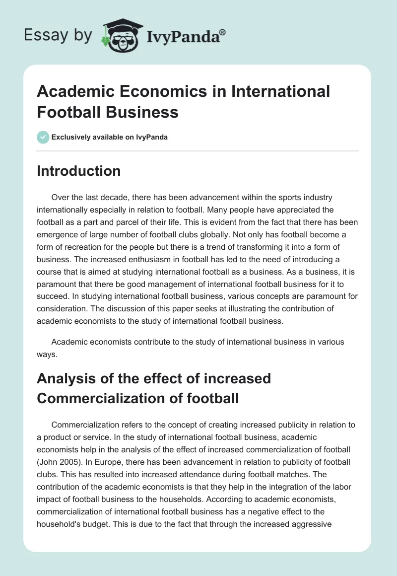 Academic Economics in International Football Business. Page 1