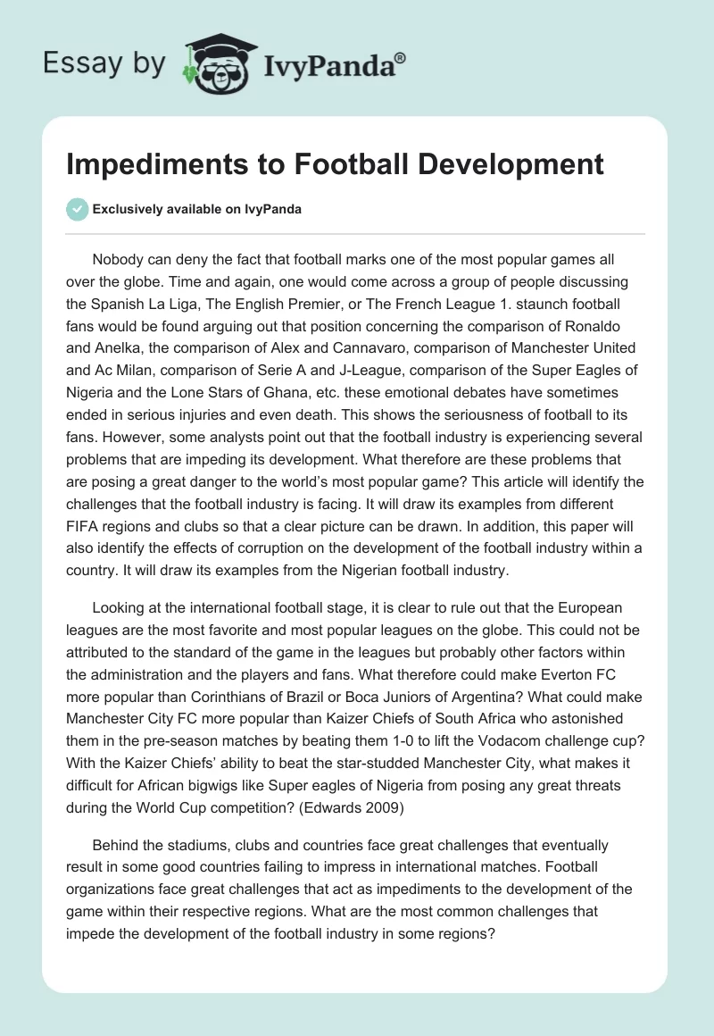 Impediments to Football Development. Page 1