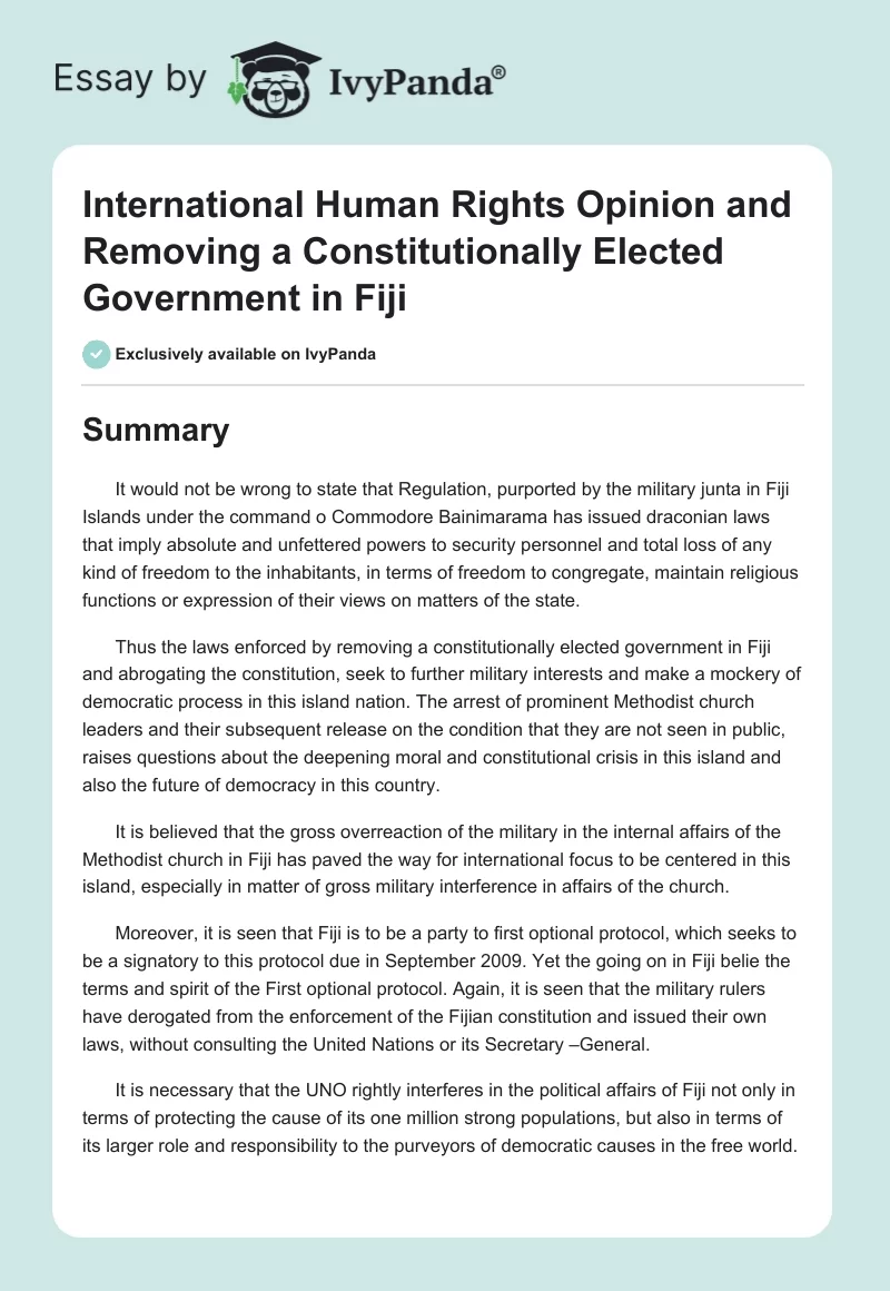International Human Rights Opinion and Removing a Constitutionally Elected Government in Fiji. Page 1