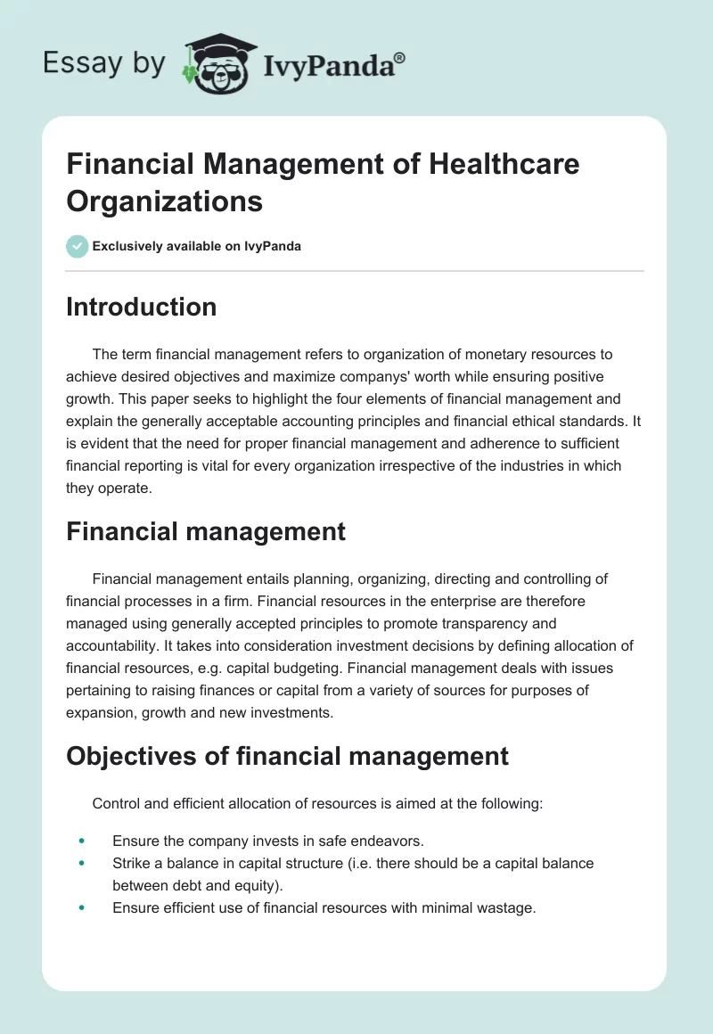 Financial Management of Healthcare Organizations. Page 1