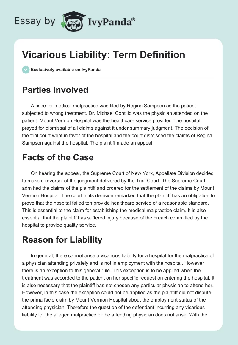 Vicarious Liability: Term Definition. Page 1
