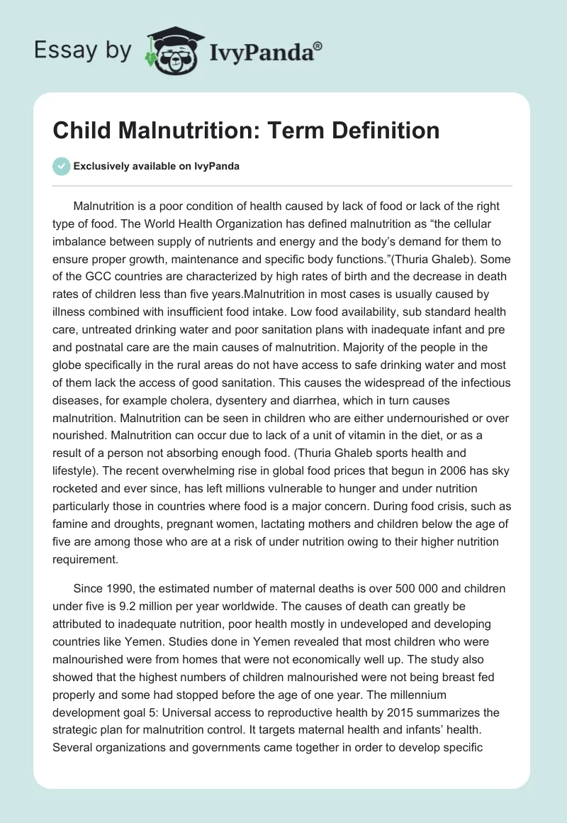 Child Malnutrition: Term Definition. Page 1