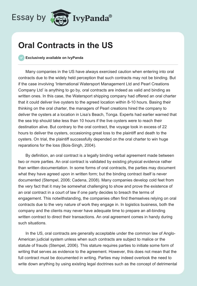 Oral Contracts in the US. Page 1