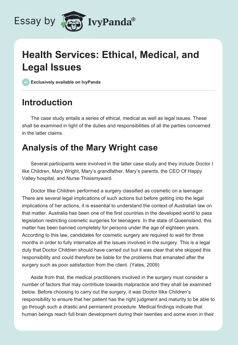 Health Services: Ethical, Medical, and Legal Issues. Page 1