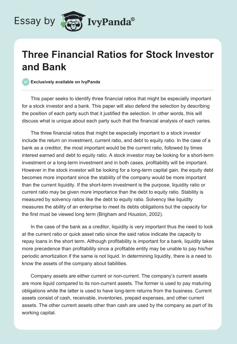 Three Financial Ratios for Stock Investor and Bank. Page 1