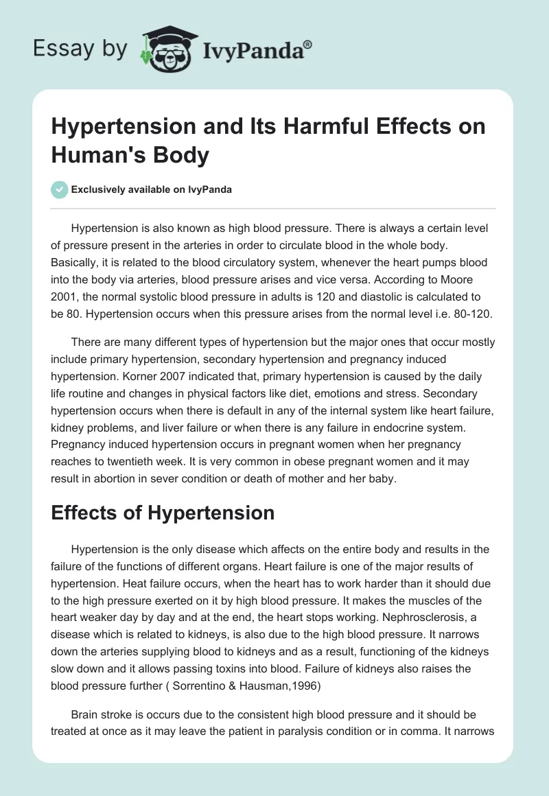 Hypertension and Its Harmful Effects on Human's Body. Page 1
