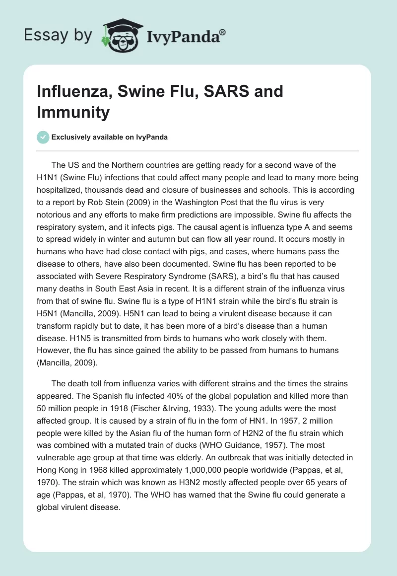 Influenza, Swine Flu, SARS and Immunity. Page 1