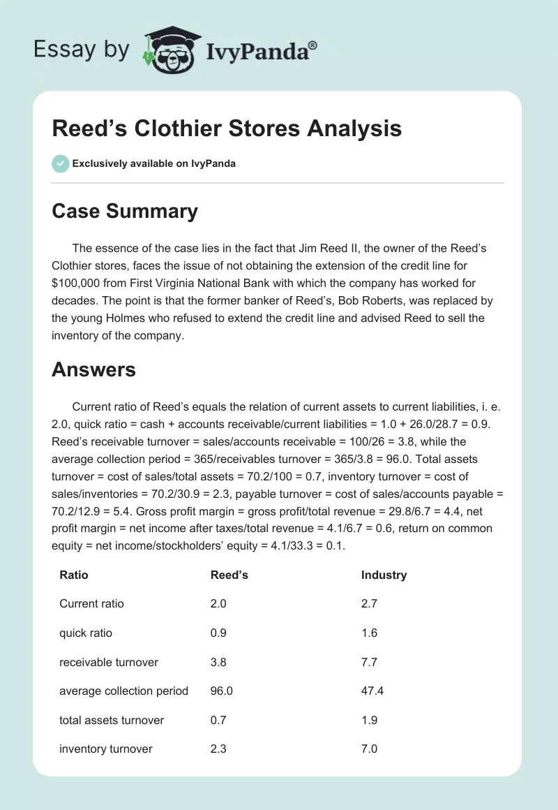 Reed’s Clothier Stores Analysis. Page 1