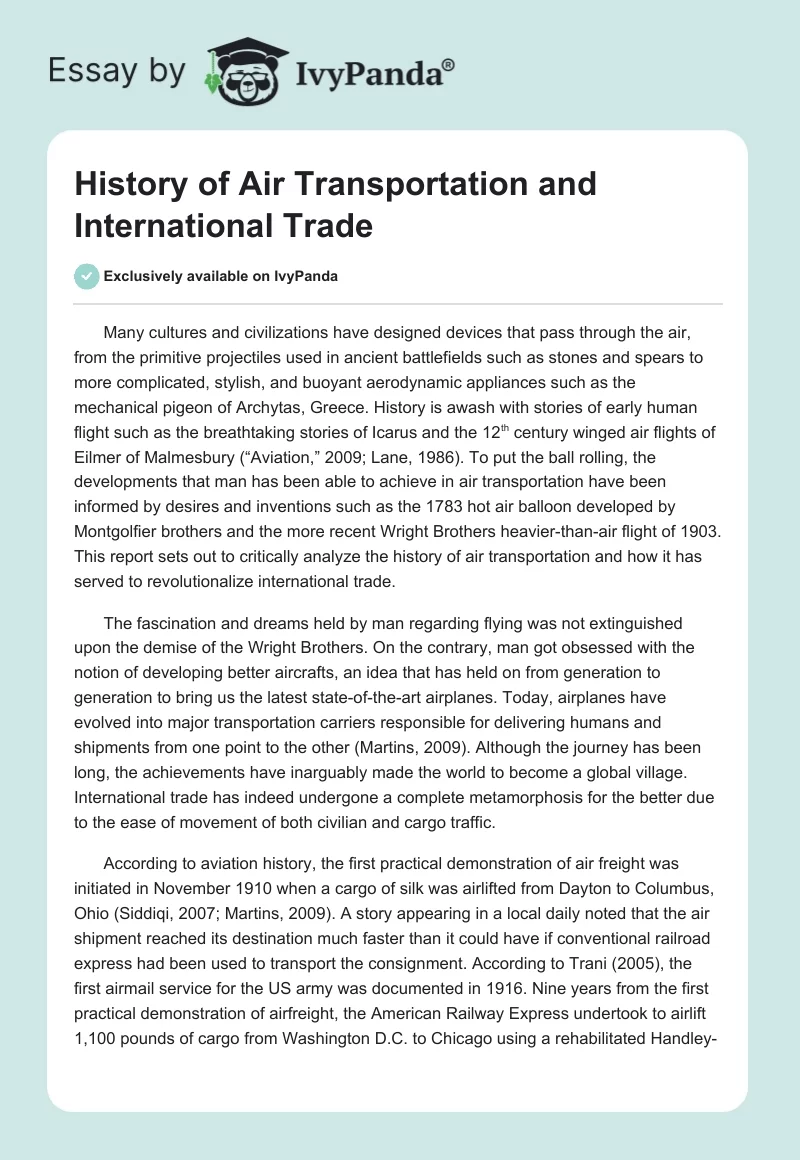 History of Air Transportation and International Trade. Page 1