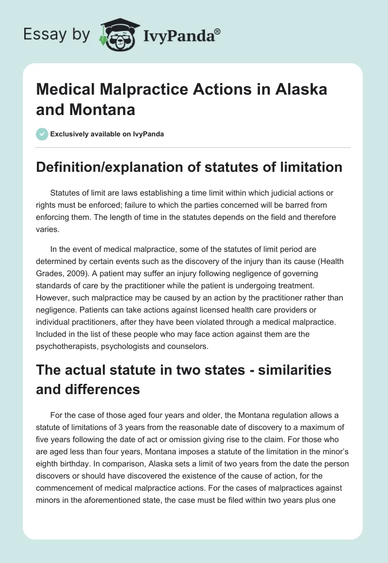 Medical Malpractice Actions in Alaska and Montana. Page 1