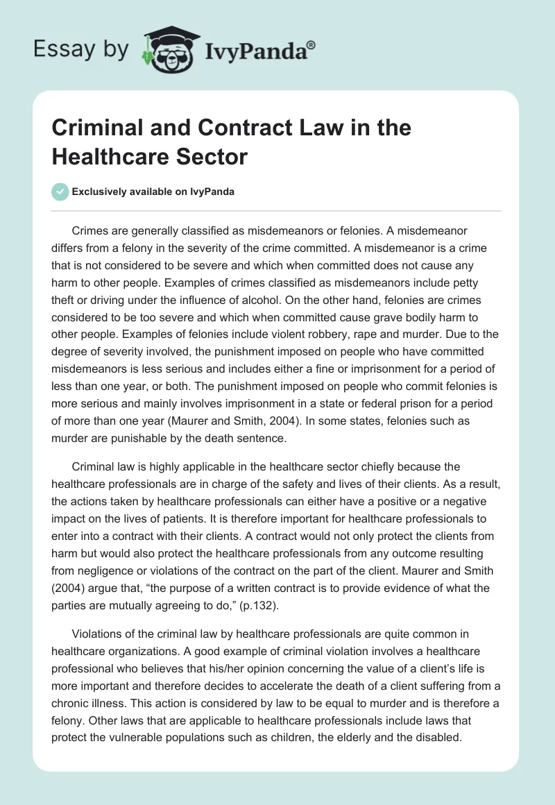 Criminal and Contract Law in the Healthcare Sector. Page 1