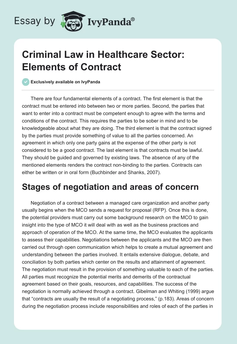 Criminal Law in Healthcare Sector: Elements of Contract. Page 1