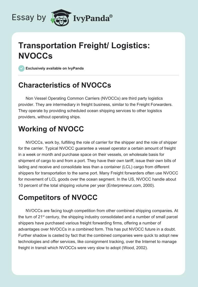 Transportation Freight/ Logistics: NVOCCs. Page 1
