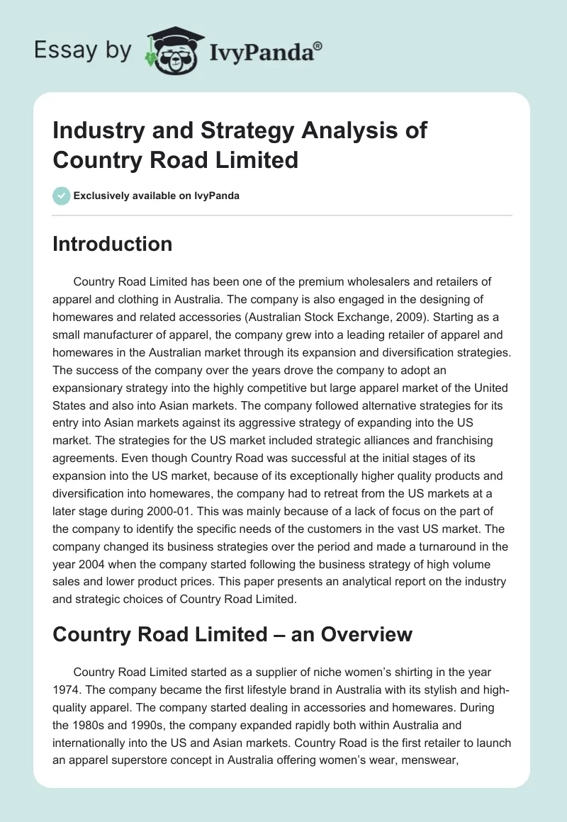 Industry and Strategy Analysis of Country Road Limited. Page 1