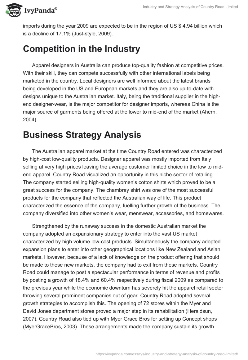 Industry and Strategy Analysis of Country Road Limited. Page 3