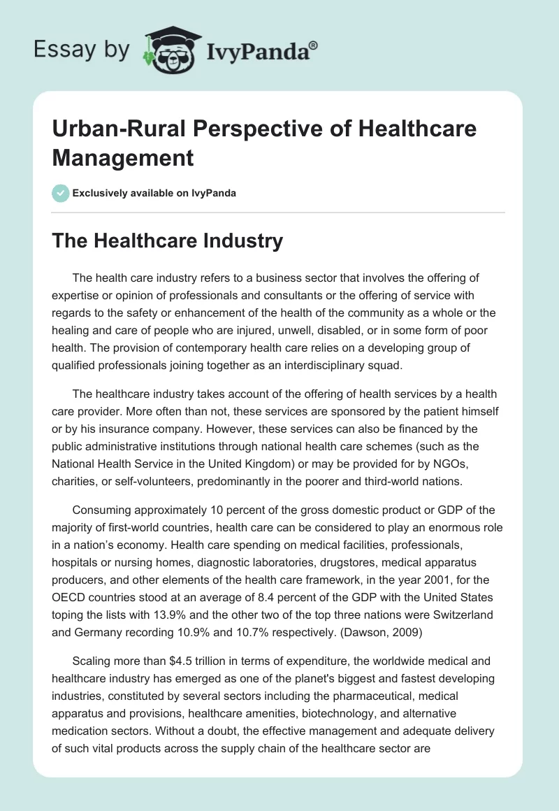 Urban-Rural Perspective of Healthcare Management. Page 1