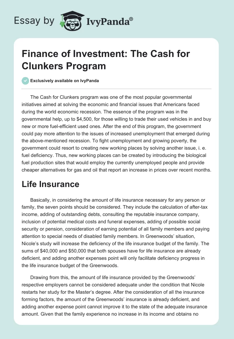 Finance of Investment: The Cash for Clunkers Program. Page 1