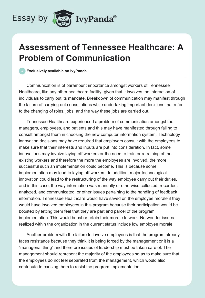 Assessment of Tennessee Healthcare: A Problem of Communication. Page 1