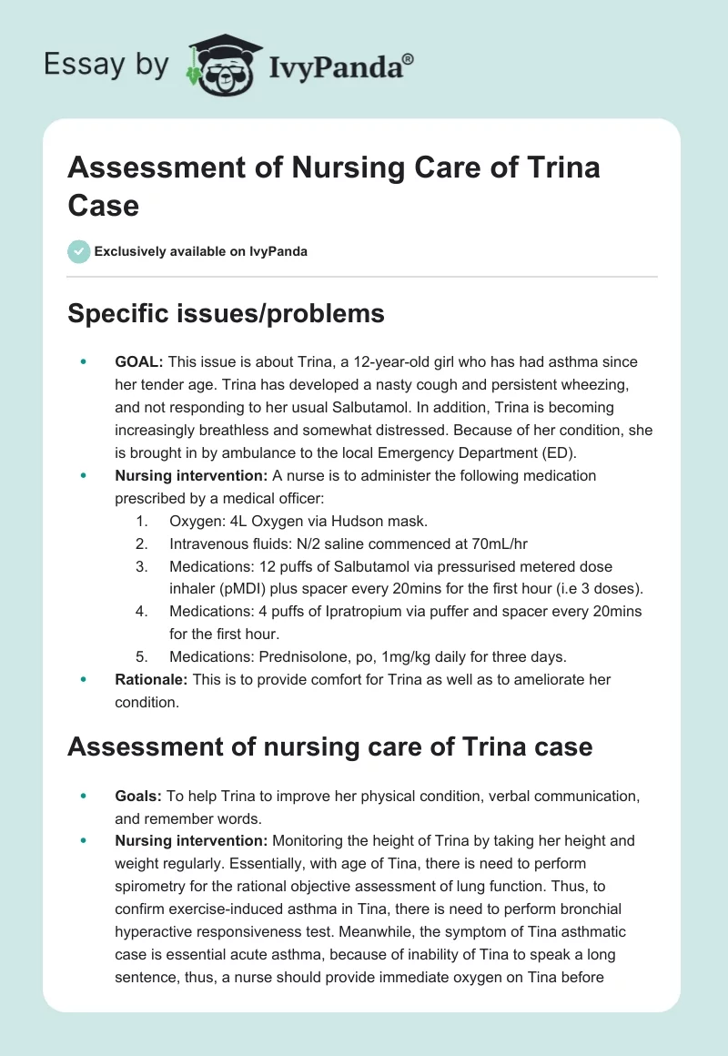 Assessment of Nursing Care of Trina Case. Page 1